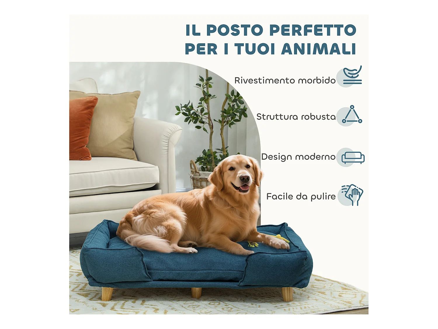 Divano per cani grandi fino 30 kg con cuscino rimovibile 96x66x24 cm blu