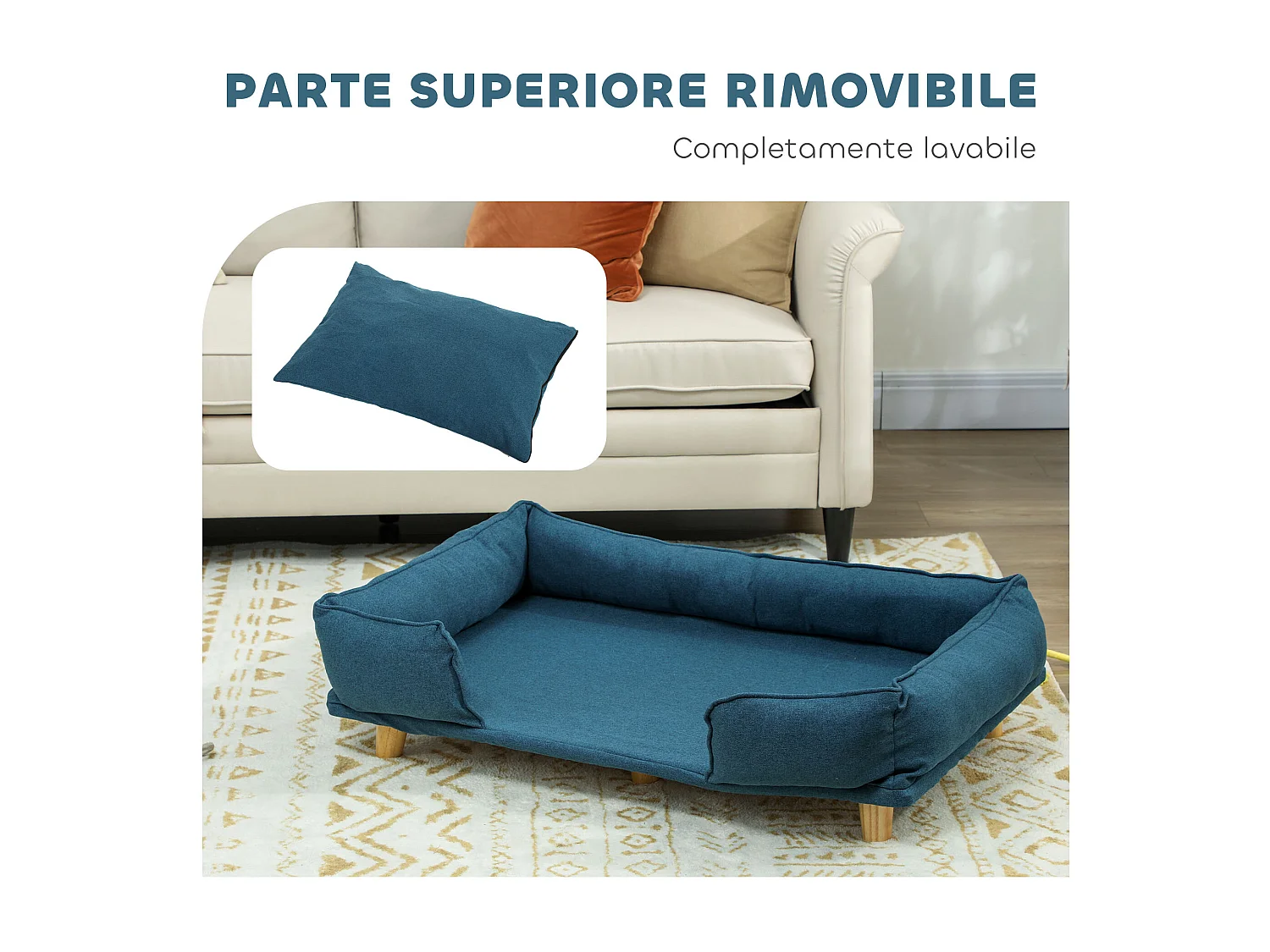 Divano per cani grandi fino 30 kg con cuscino rimovibile 96x66x24 cm blu