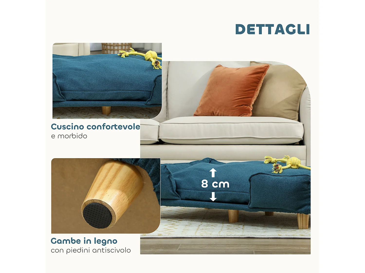 Divano per cani grandi fino 30 kg con cuscino rimovibile 96x66x24 cm blu