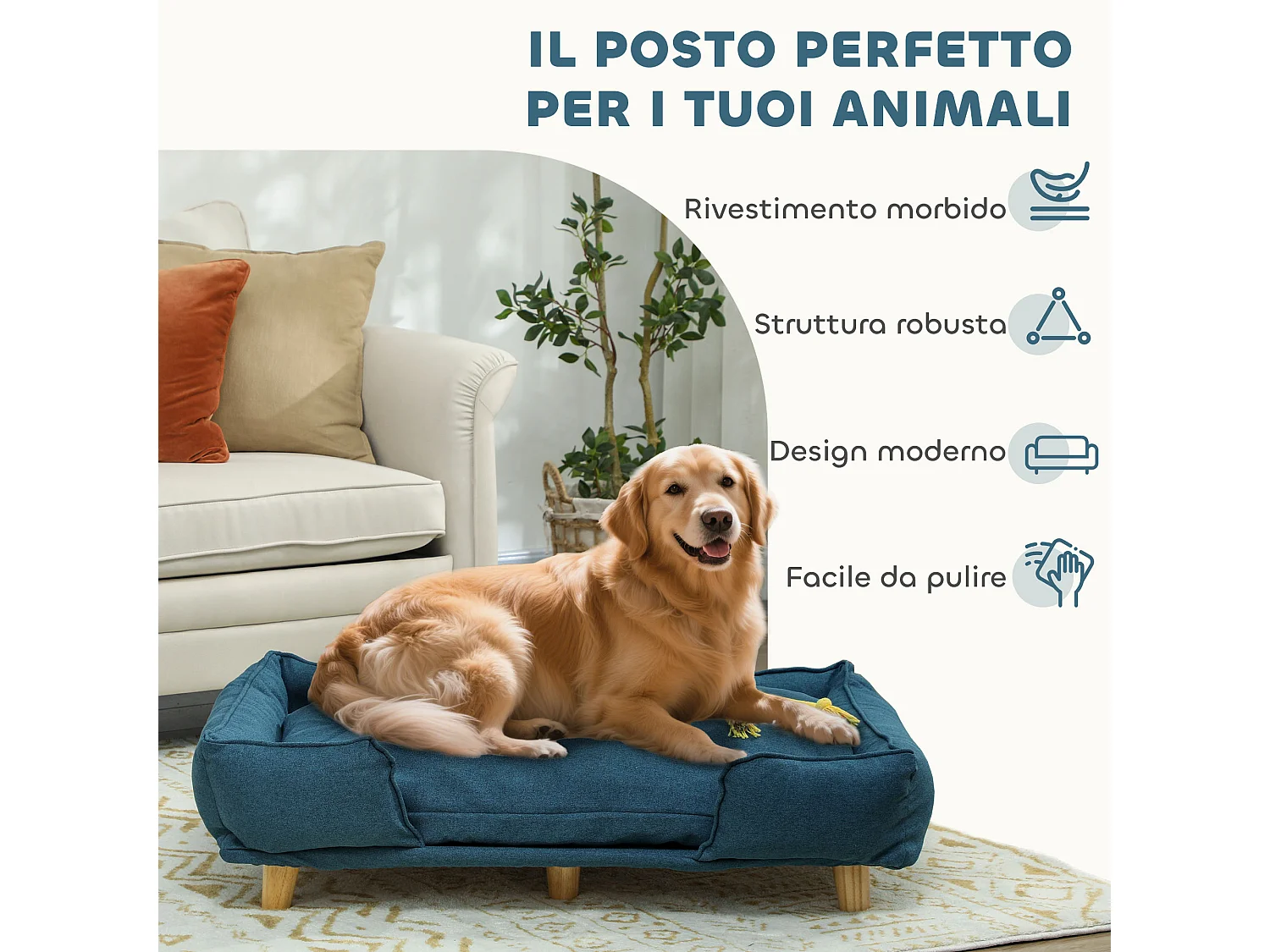 Divano per cani grandi fino 30 kg con cuscino rimovibile 96x66x24 cm blu