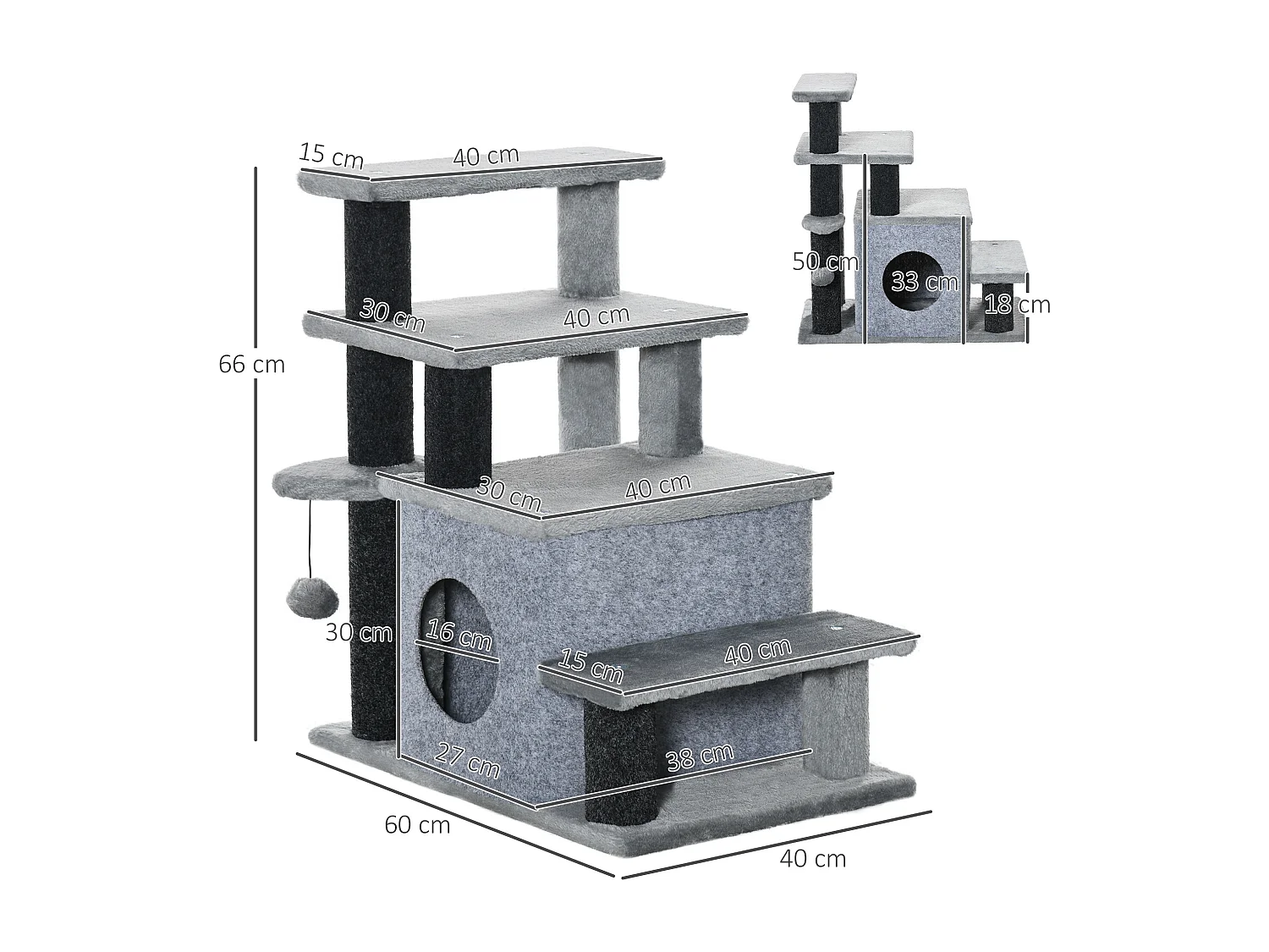 Scaletta per cani con gradino rimovibile, pallina e area interna grigia