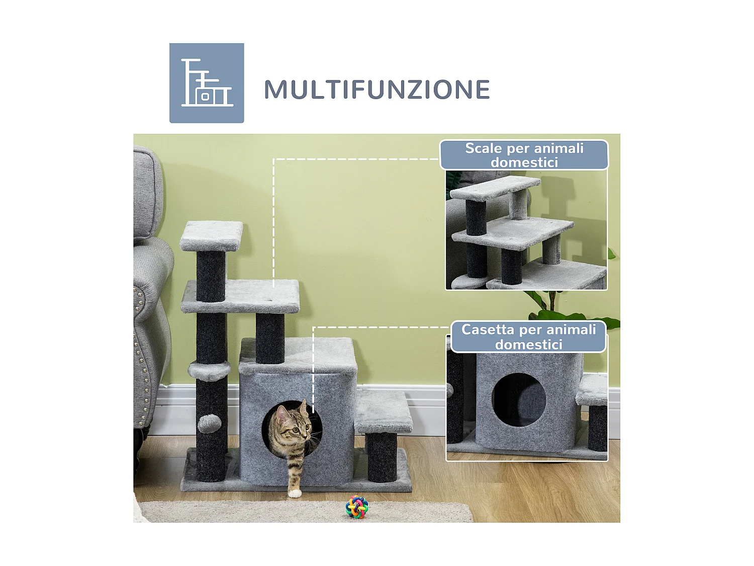 Scaletta per cani con gradino rimovibile, pallina e area interna grigia