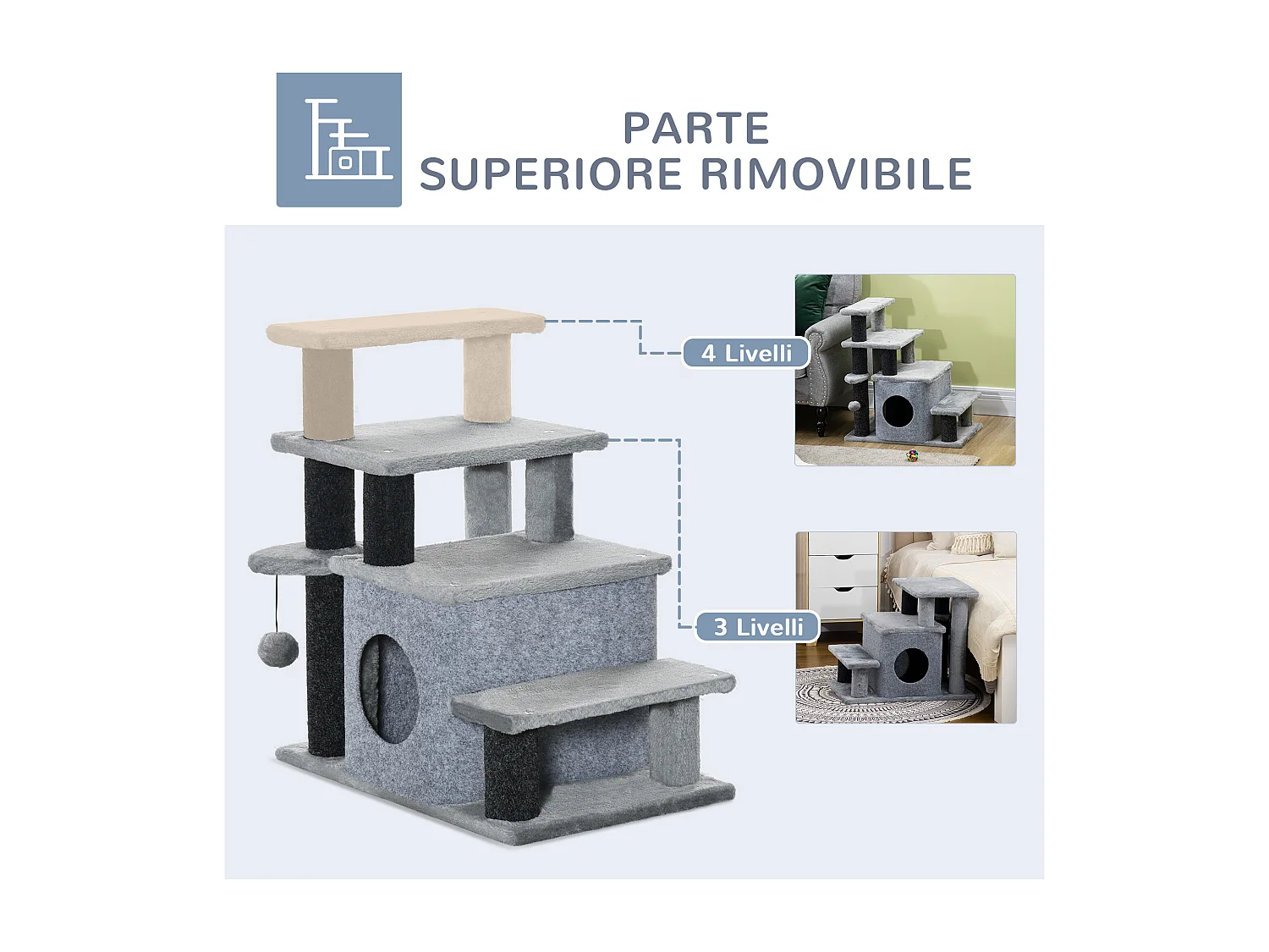 Scaletta per cani con gradino rimovibile, pallina e area interna grigia