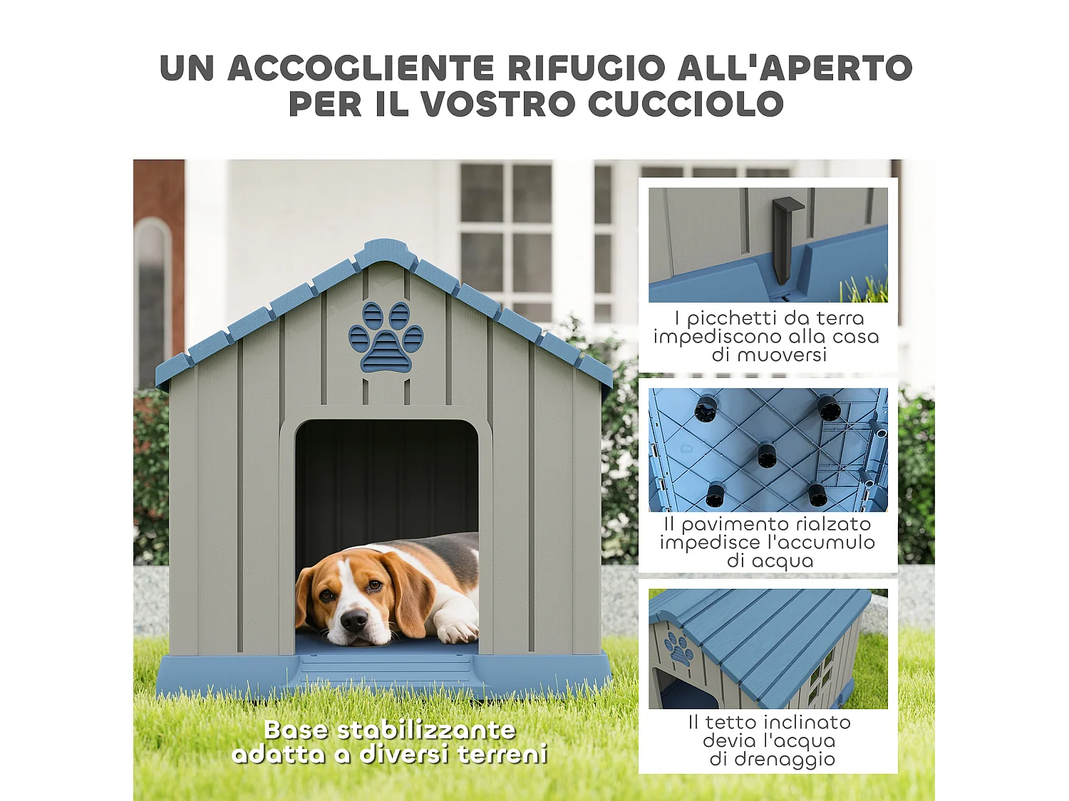 Casetta per cani taglia media da esterno impermeabile con base rialzata