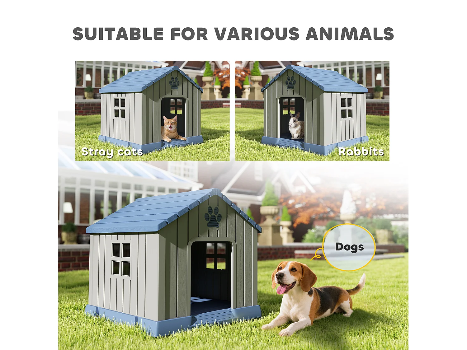Casetta per cani taglia media da esterno impermeabile con base rialzata