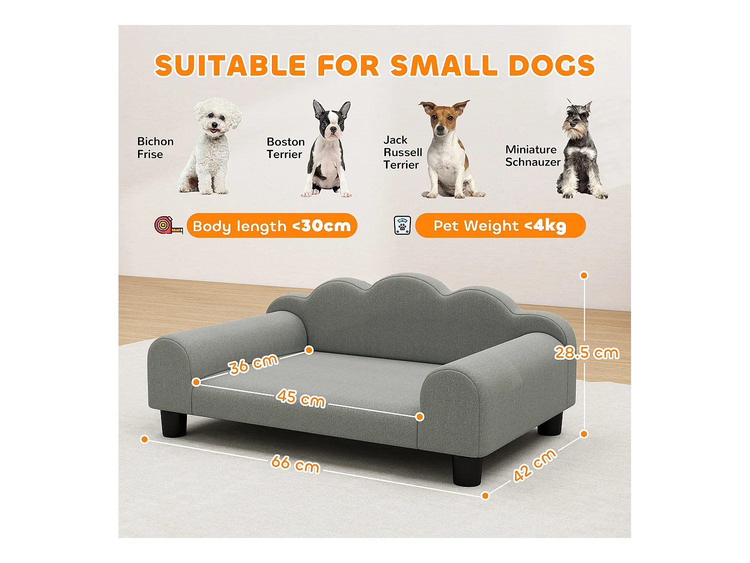 Divano per cani morbido con braccioli di supporto in tessuto grigio