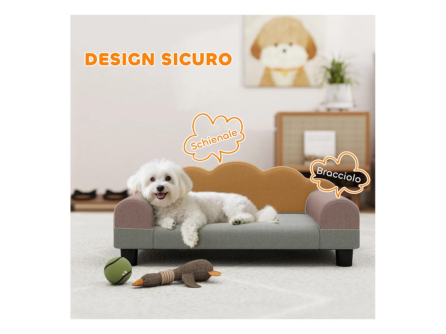 Divano per cani morbido con braccioli di supporto in tessuto grigio