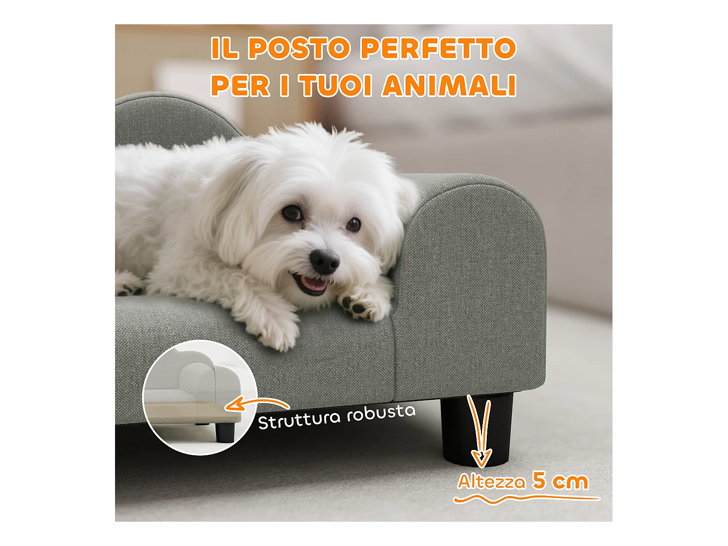 Divano per cani morbido con braccioli di supporto in tessuto grigio