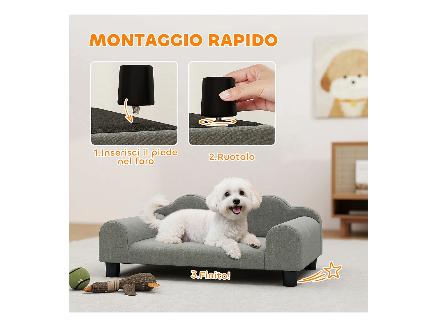 Divano per cani morbido con braccioli di supporto in tessuto grigio