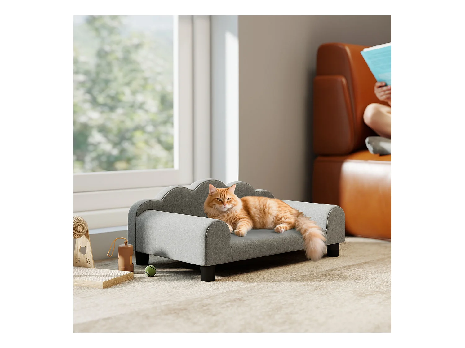 Divano per cani morbido con braccioli di supporto in tessuto grigio