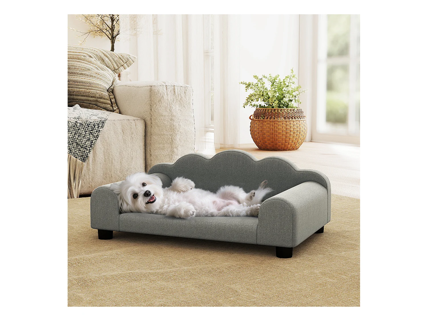 Divano per cani morbido con braccioli di supporto in tessuto grigio