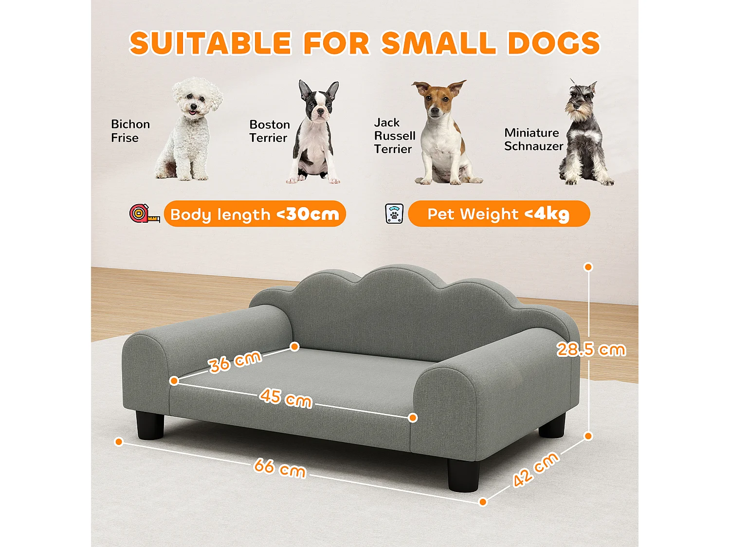 Divano per cani morbido con braccioli di supporto in tessuto grigio