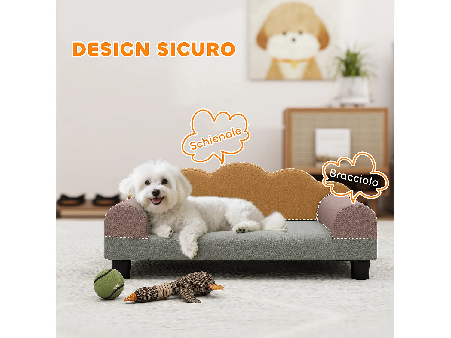 Divano per cani morbido con braccioli di supporto in tessuto grigio