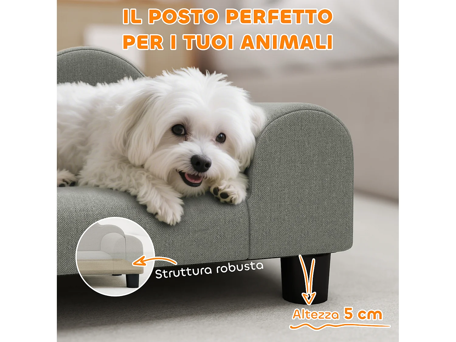 Divano per cani morbido con braccioli di supporto in tessuto grigio