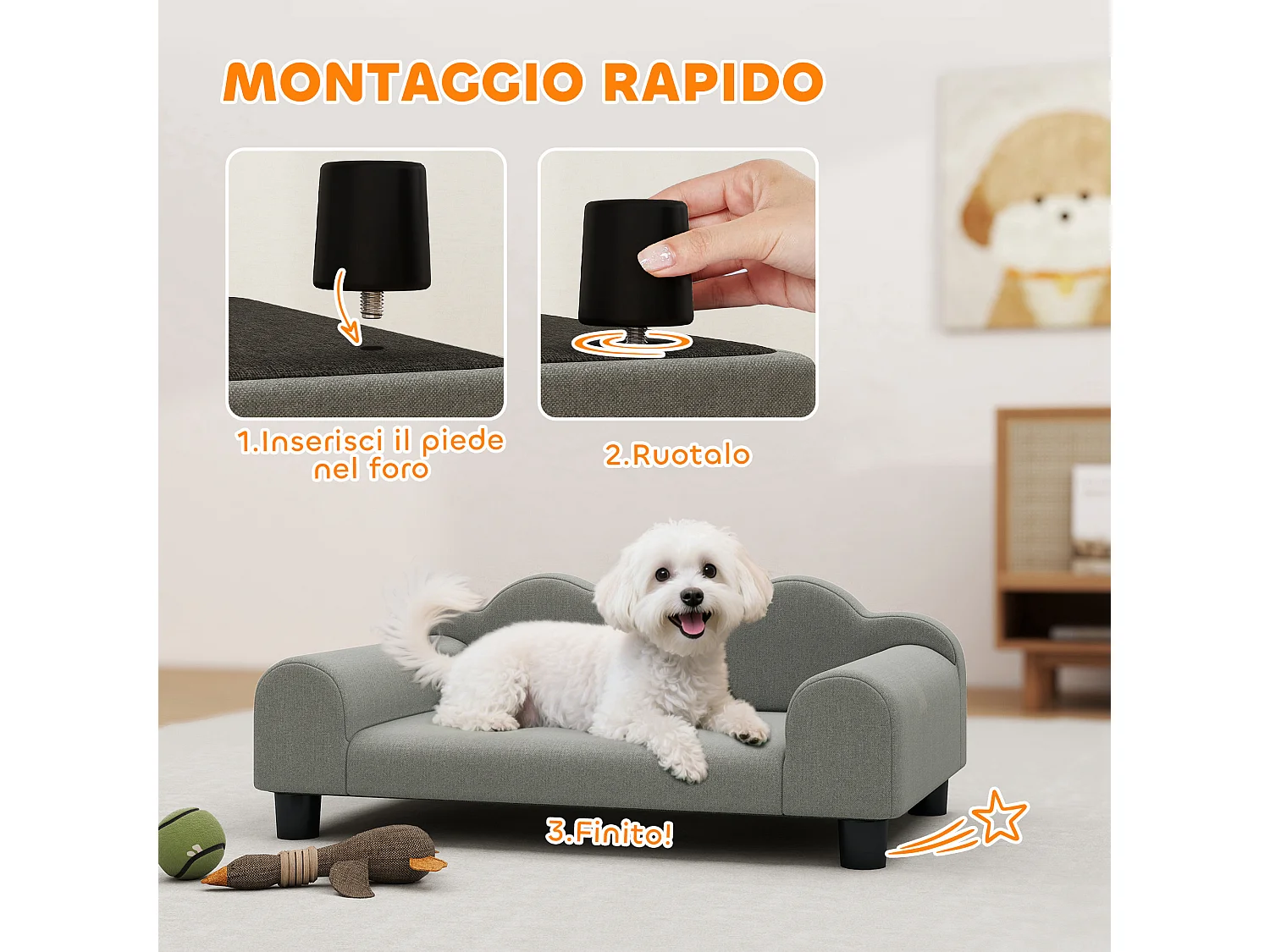 Divano per cani morbido con braccioli di supporto in tessuto grigio