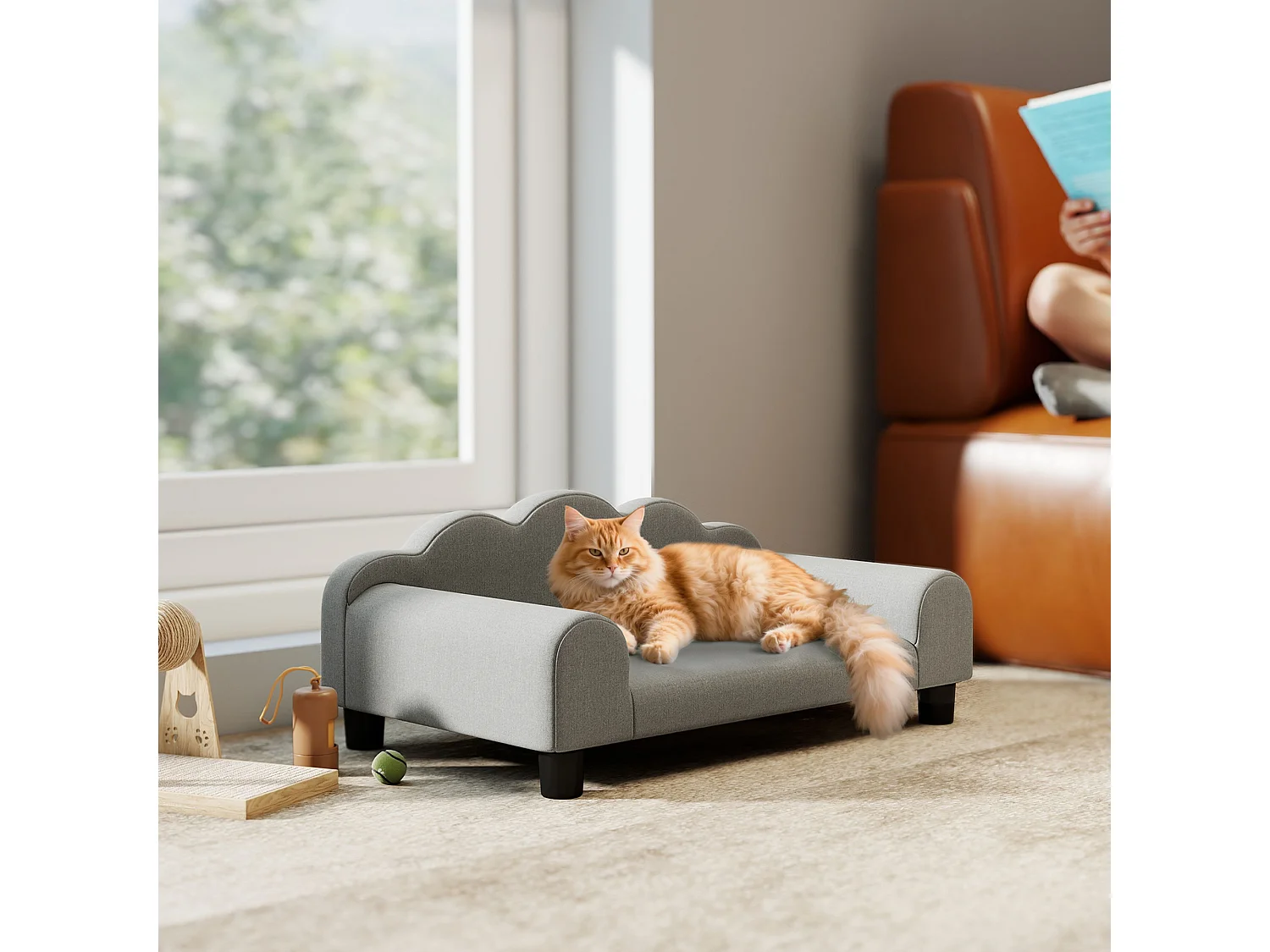 Divano per cani morbido con braccioli di supporto in tessuto grigio