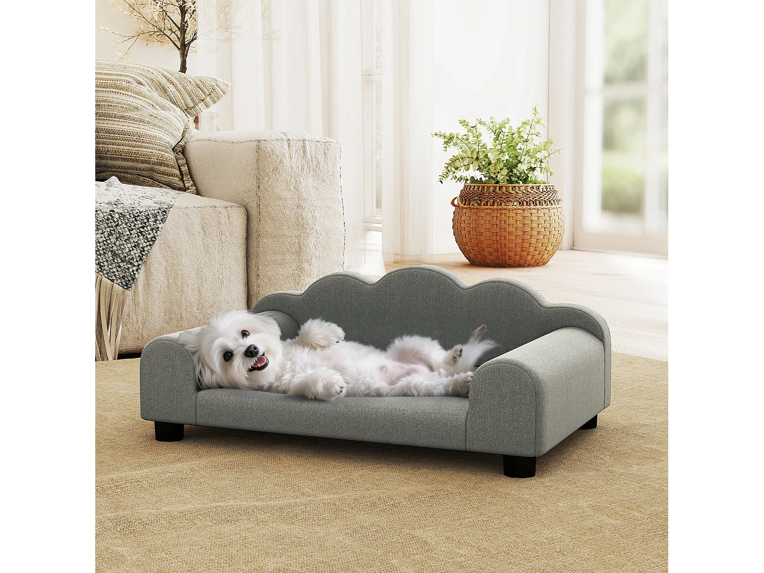 Divano per cani morbido con braccioli di supporto in tessuto grigio