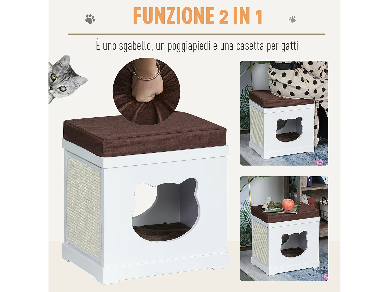 Cuccia per gatti in legno con 2 cuscini e tiragraffi rimovibili, grigio