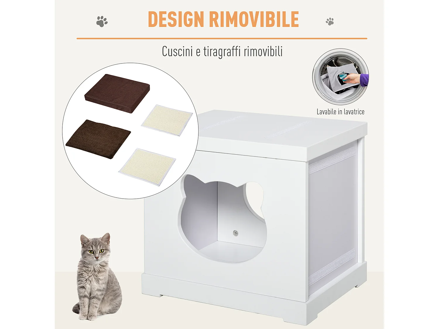 Cuccia per gatti in legno con 2 cuscini e tiragraffi rimovibili, grigio