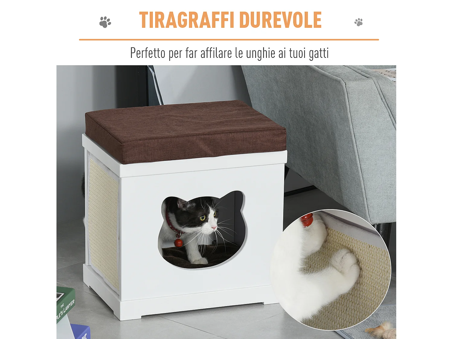 Cuccia per gatti in legno con 2 cuscini e tiragraffi rimovibili, grigio