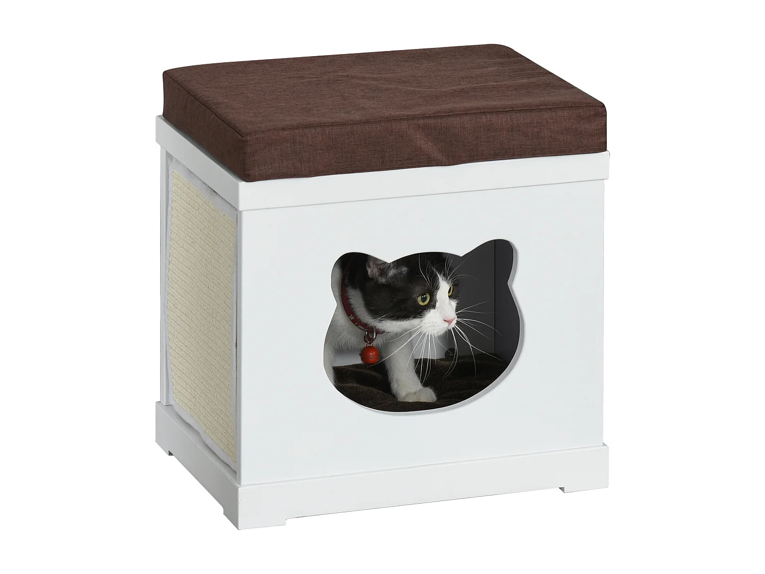 Cuccia per gatti in legno con 2 cuscini e tiragraffi rimovibili, grigio