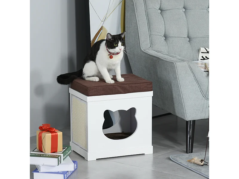 Cuccia per gatti in legno con 2 cuscini e tiragraffi rimovibili, grigio