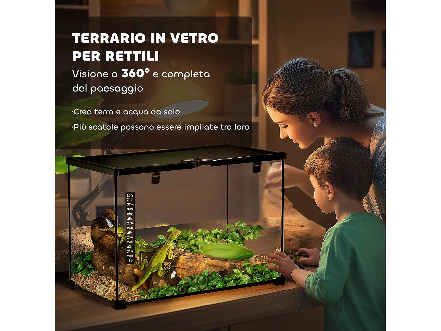 Terrario per rettili rialzato con serratura e termometro 50x30x35 cm nero