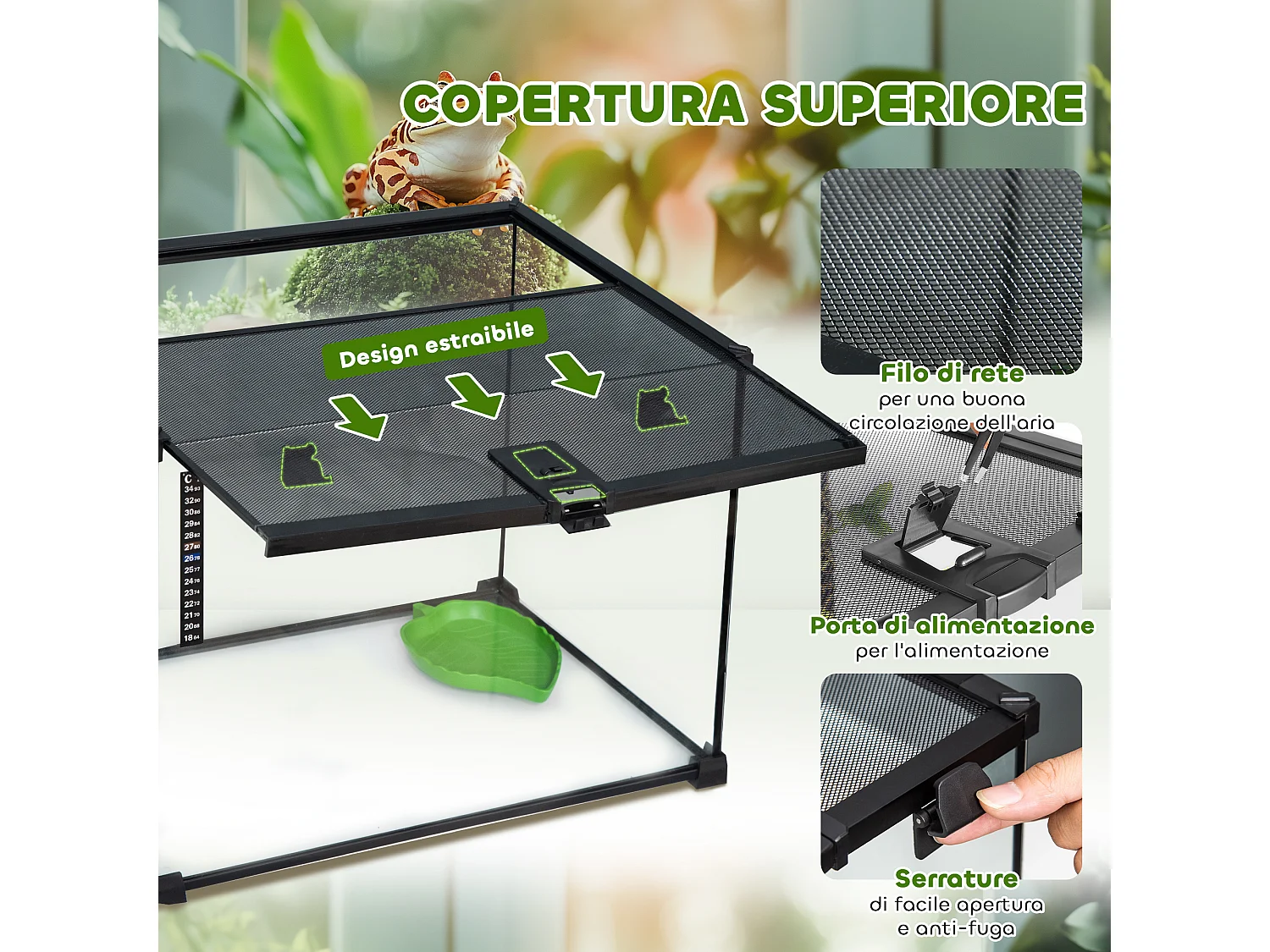 Terrario per rettili rialzato con serratura e termometro 50x30x35 cm nero
