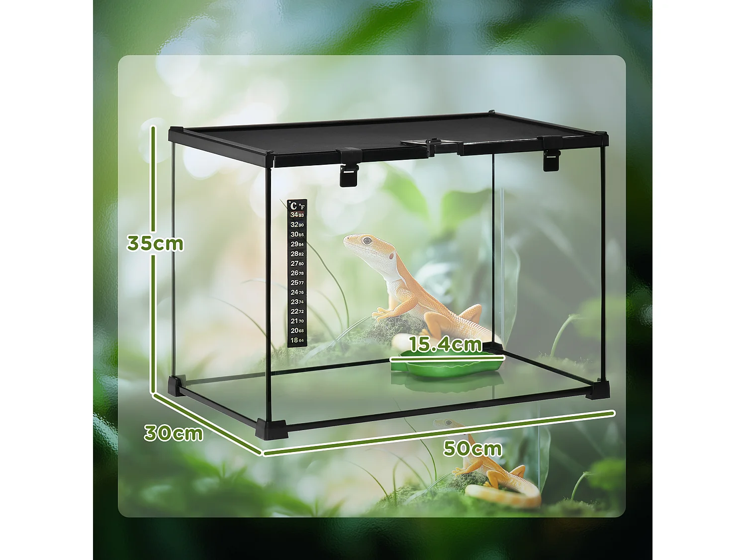Terrario per rettili rialzato con serratura e termometro 50x30x35 cm nero