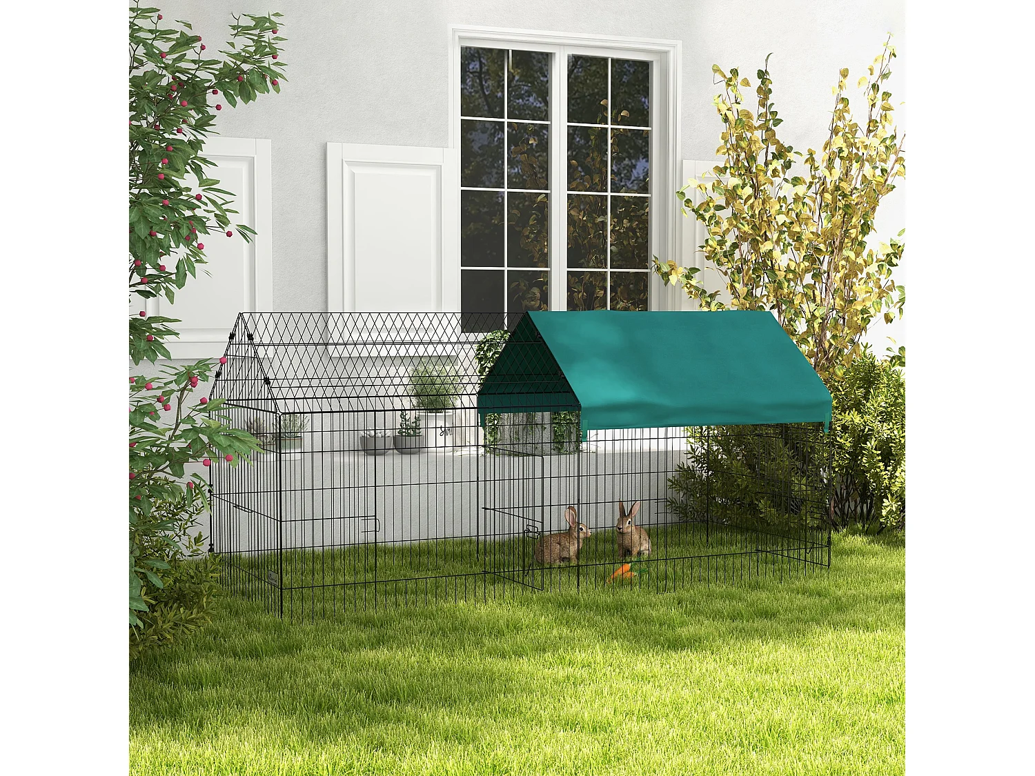 Gabbia per conigli a casetta con tettuccio in tessuto 220x85x103cm verde