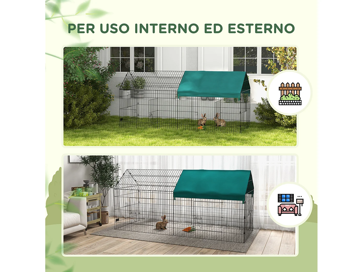 Gabbia per conigli a casetta con tettuccio in tessuto 220x85x103cm verde