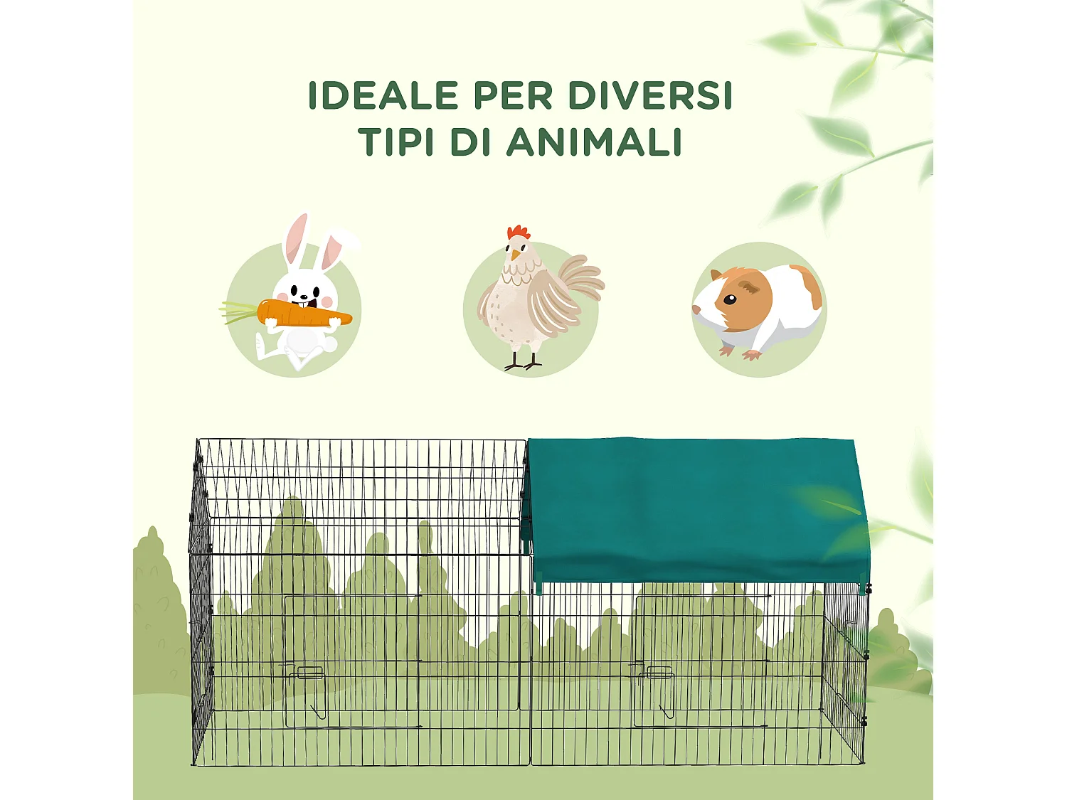 Gabbia per conigli a casetta con tettuccio in tessuto 220x85x103cm verde