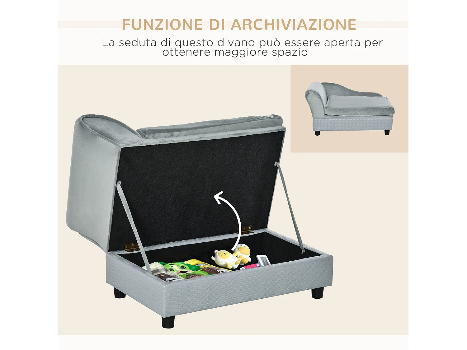 Divano per cani con spazio portaoggetti e cuscino grigio chiaro