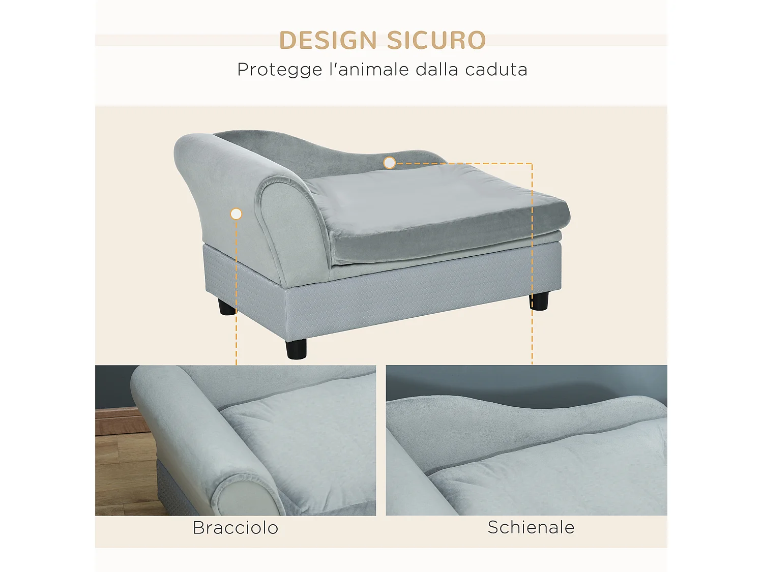 Divano per cani con spazio portaoggetti e cuscino grigio chiaro