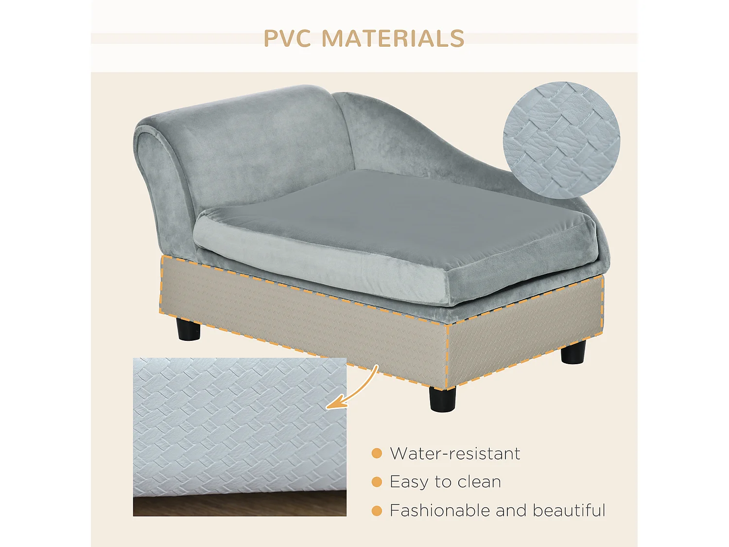 Divano per cani con spazio portaoggetti e cuscino grigio chiaro