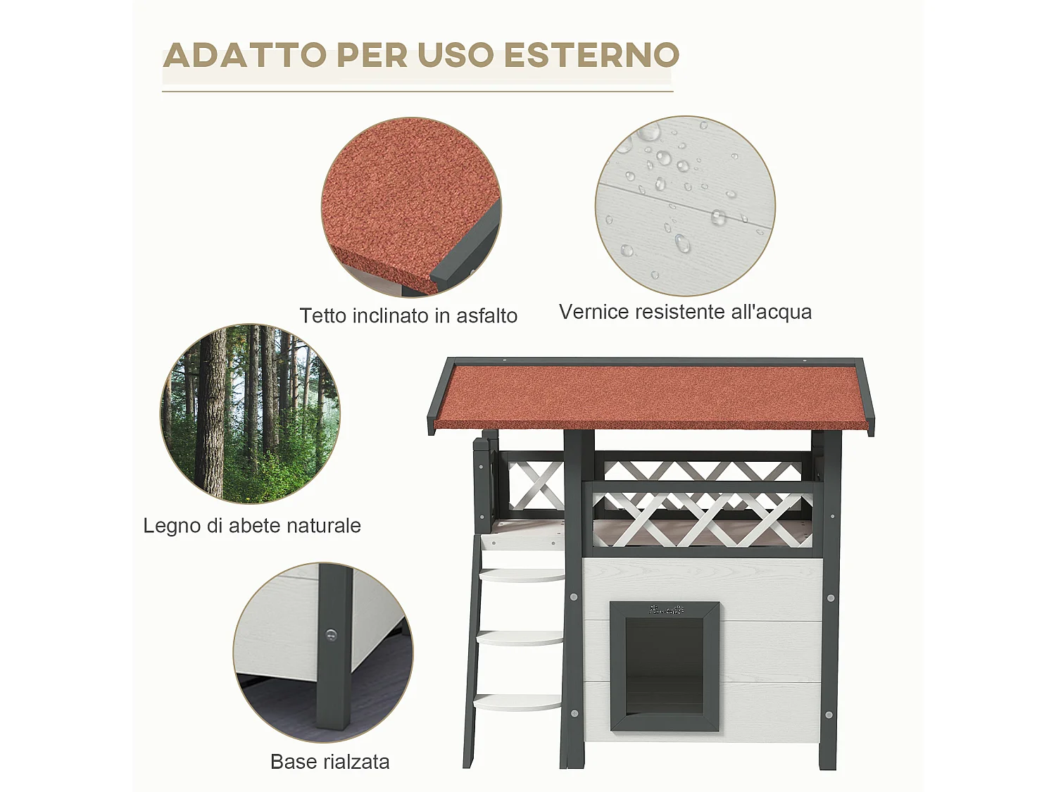 Casetta per gatti da esterno con terrazza e scaletta in legno bianco