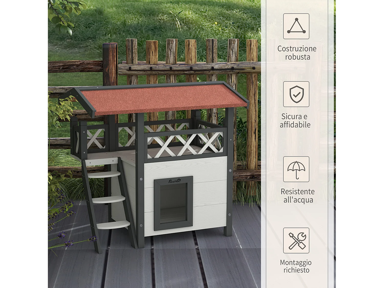 Casetta per gatti da esterno con terrazza e scaletta in legno bianco