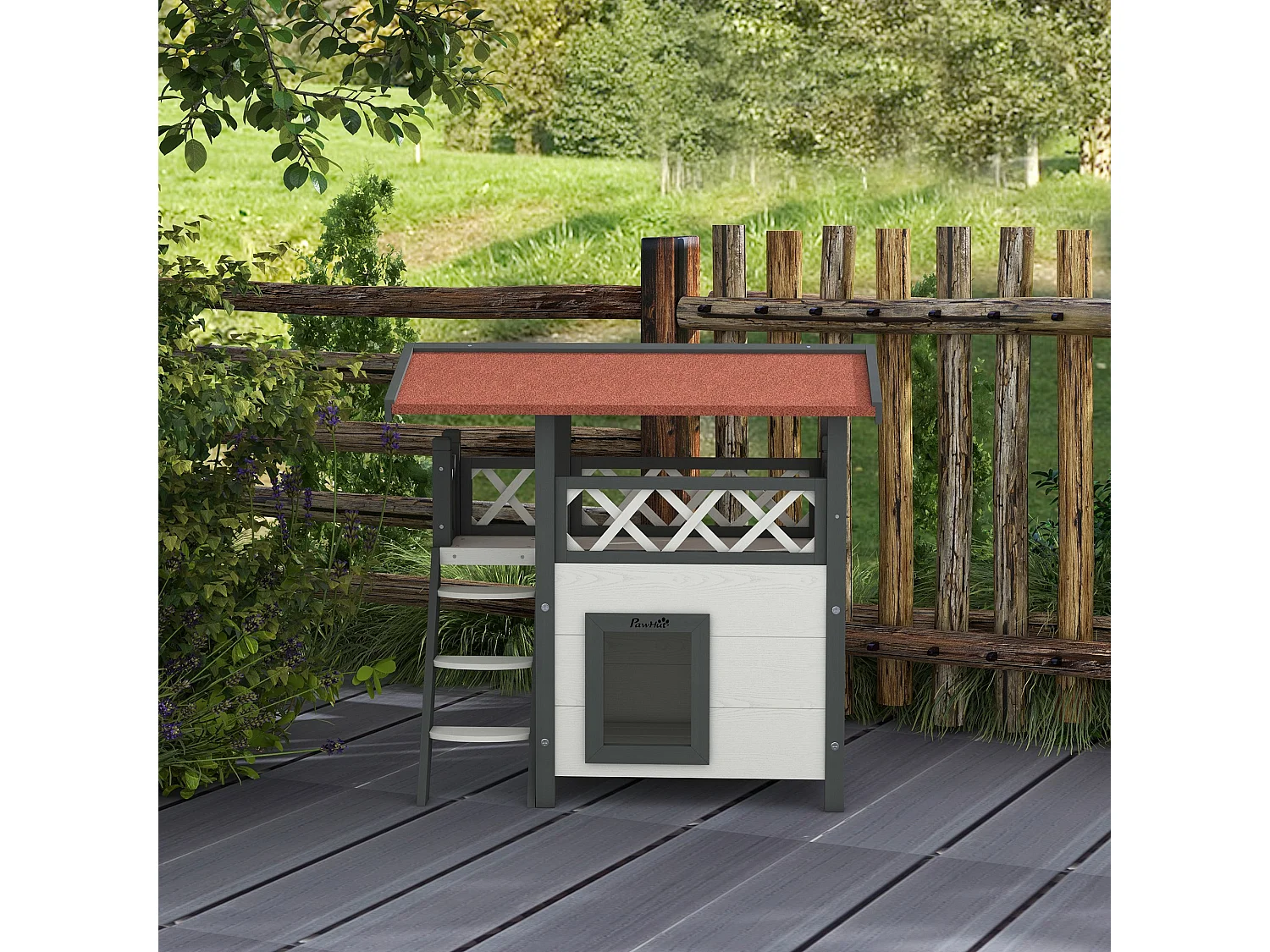 Casetta per gatti da esterno con terrazza e scaletta in legno bianco