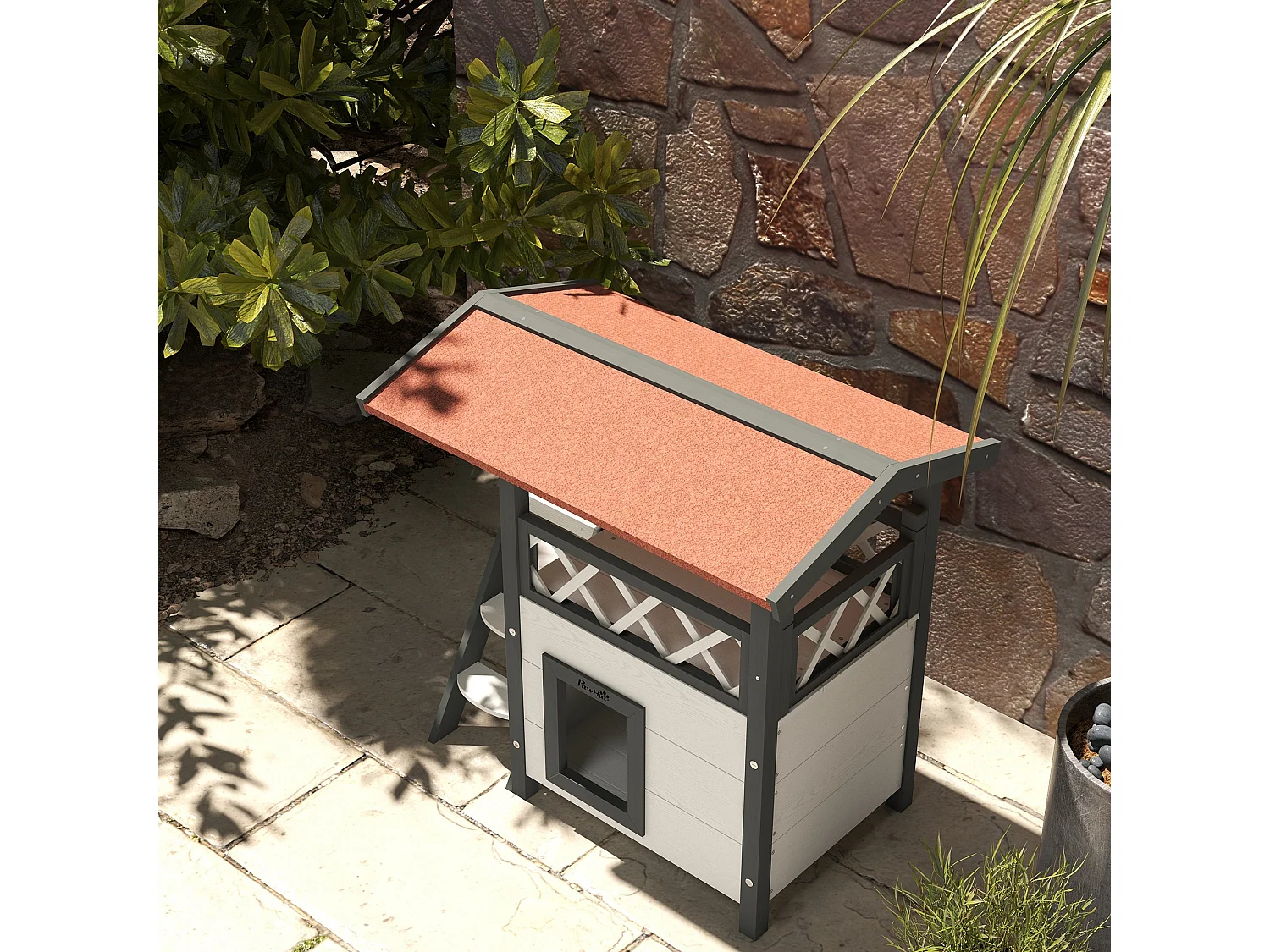 Casetta per gatti da esterno con terrazza e scaletta in legno bianco