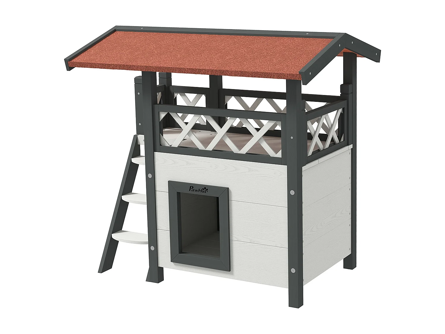 Casetta per gatti da esterno con terrazza e scaletta in legno bianco