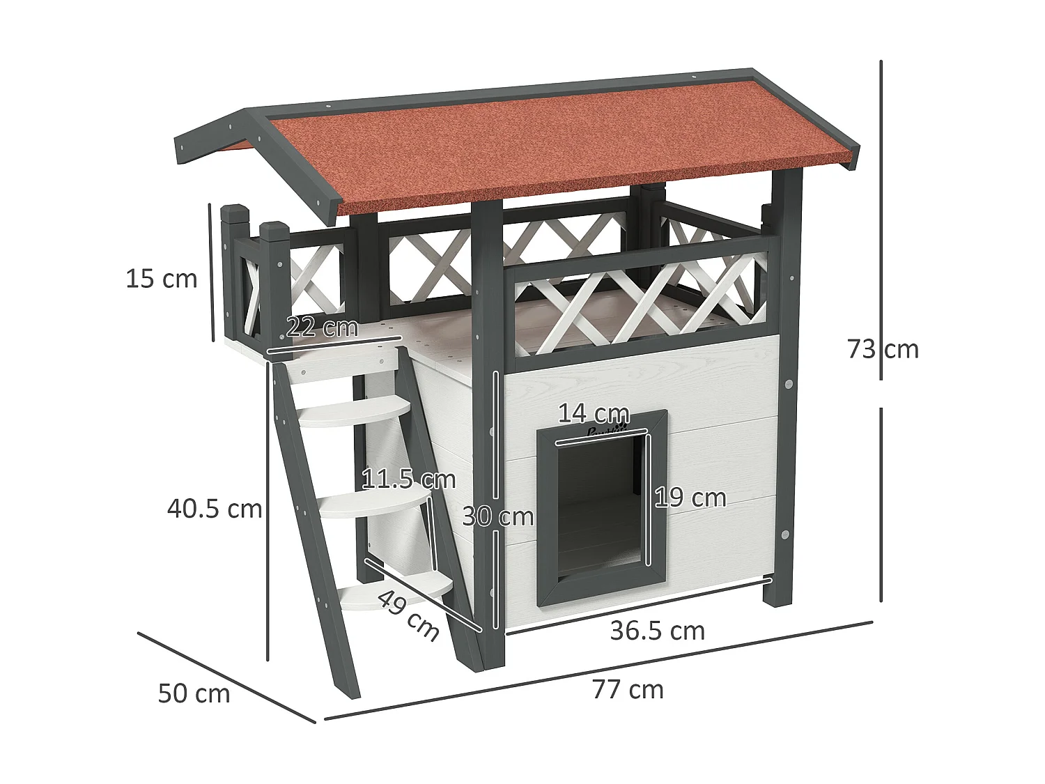 Casetta per gatti da esterno con terrazza e scaletta in legno bianco