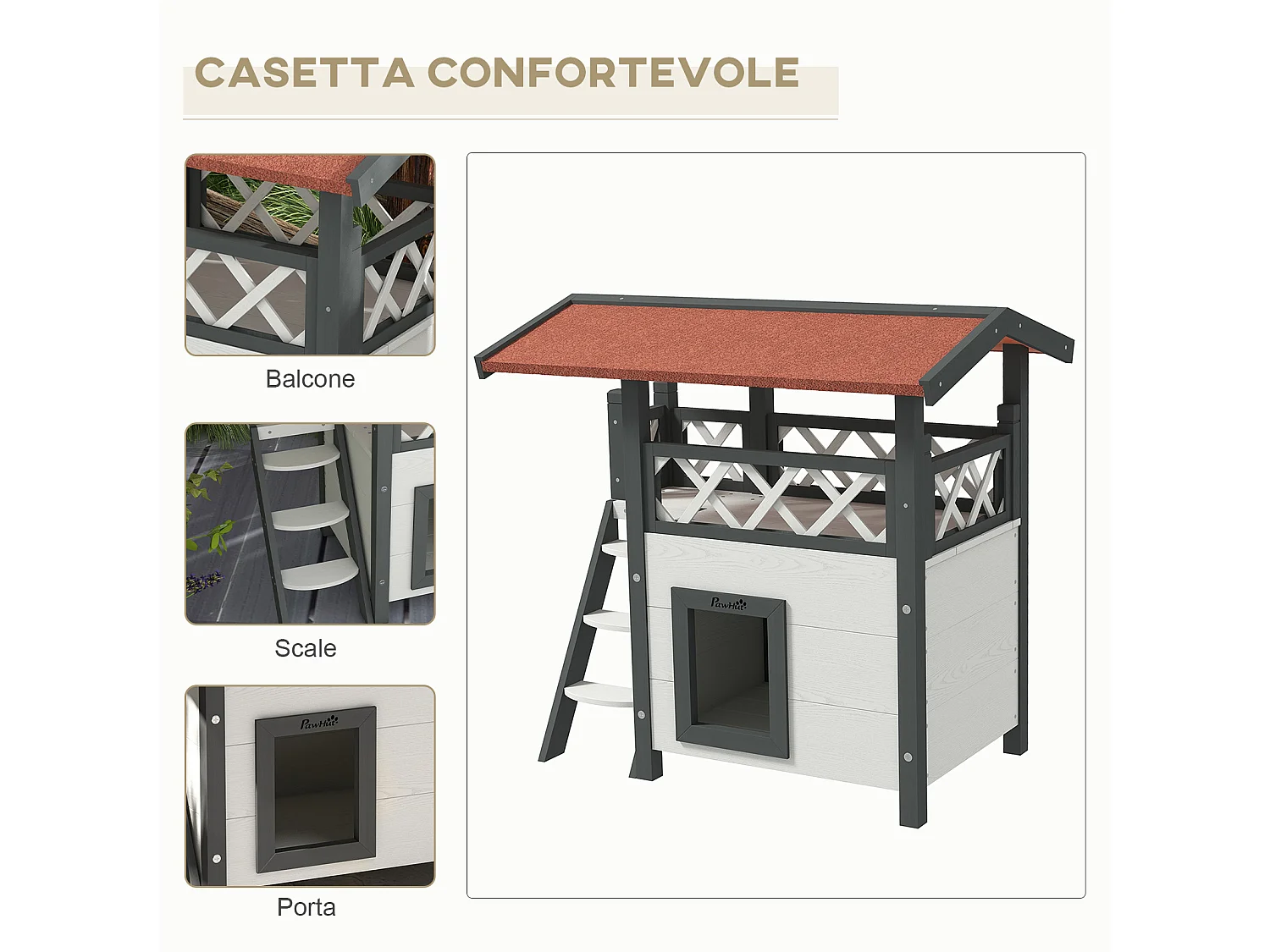 Casetta per gatti da esterno con terrazza e scaletta in legno bianco