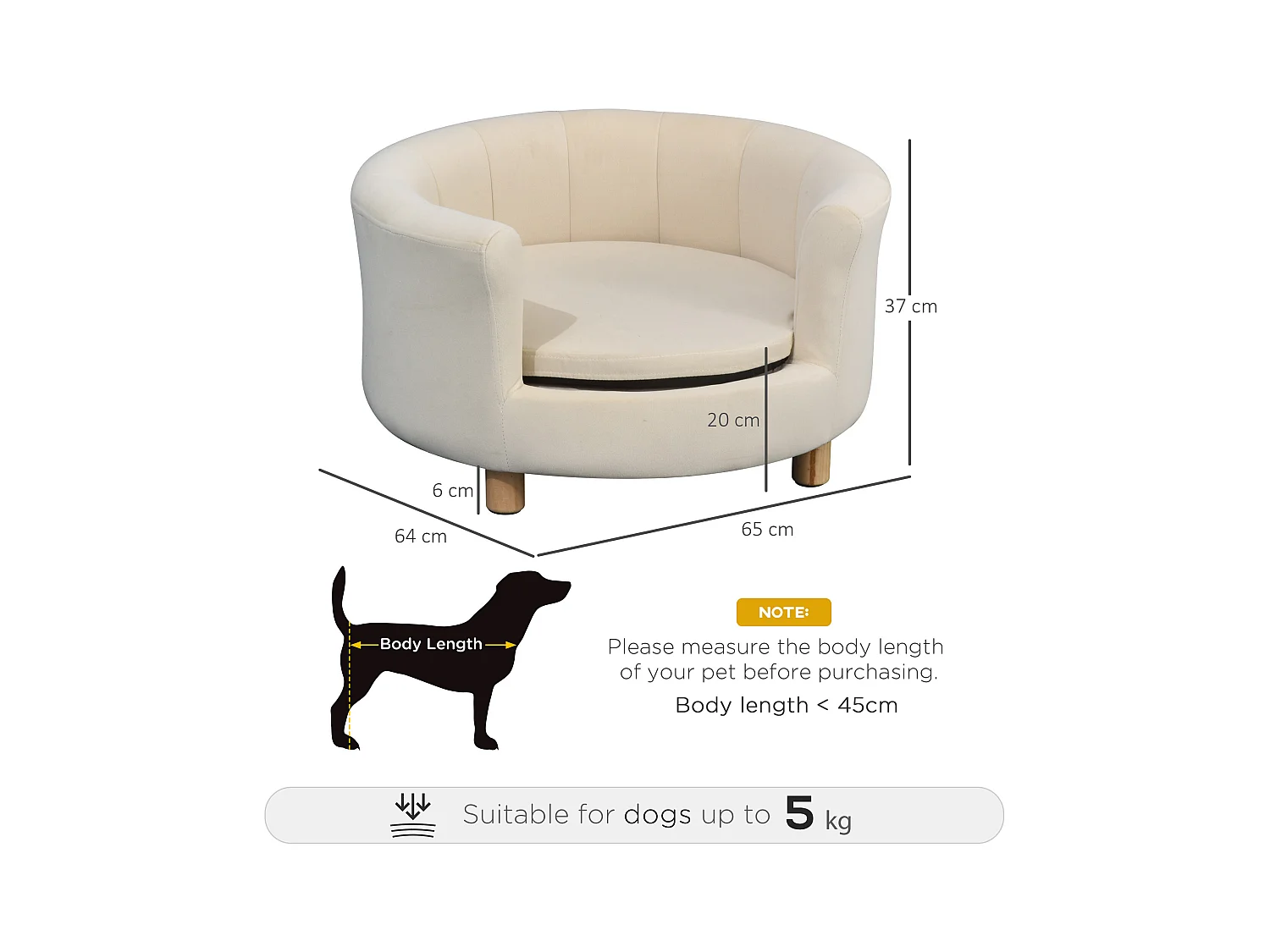 Divano per cani e gatti con schienale e cuscino rimovibile crema