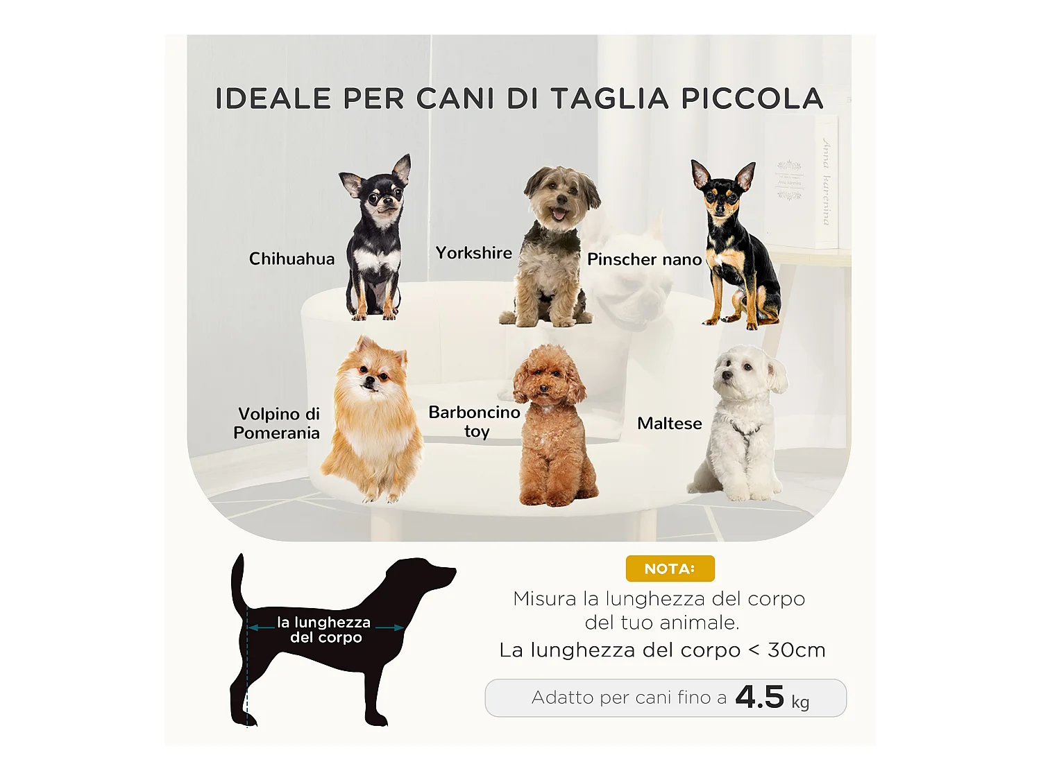 Divano per cani e gatti con schienale e cuscino rimovibile crema