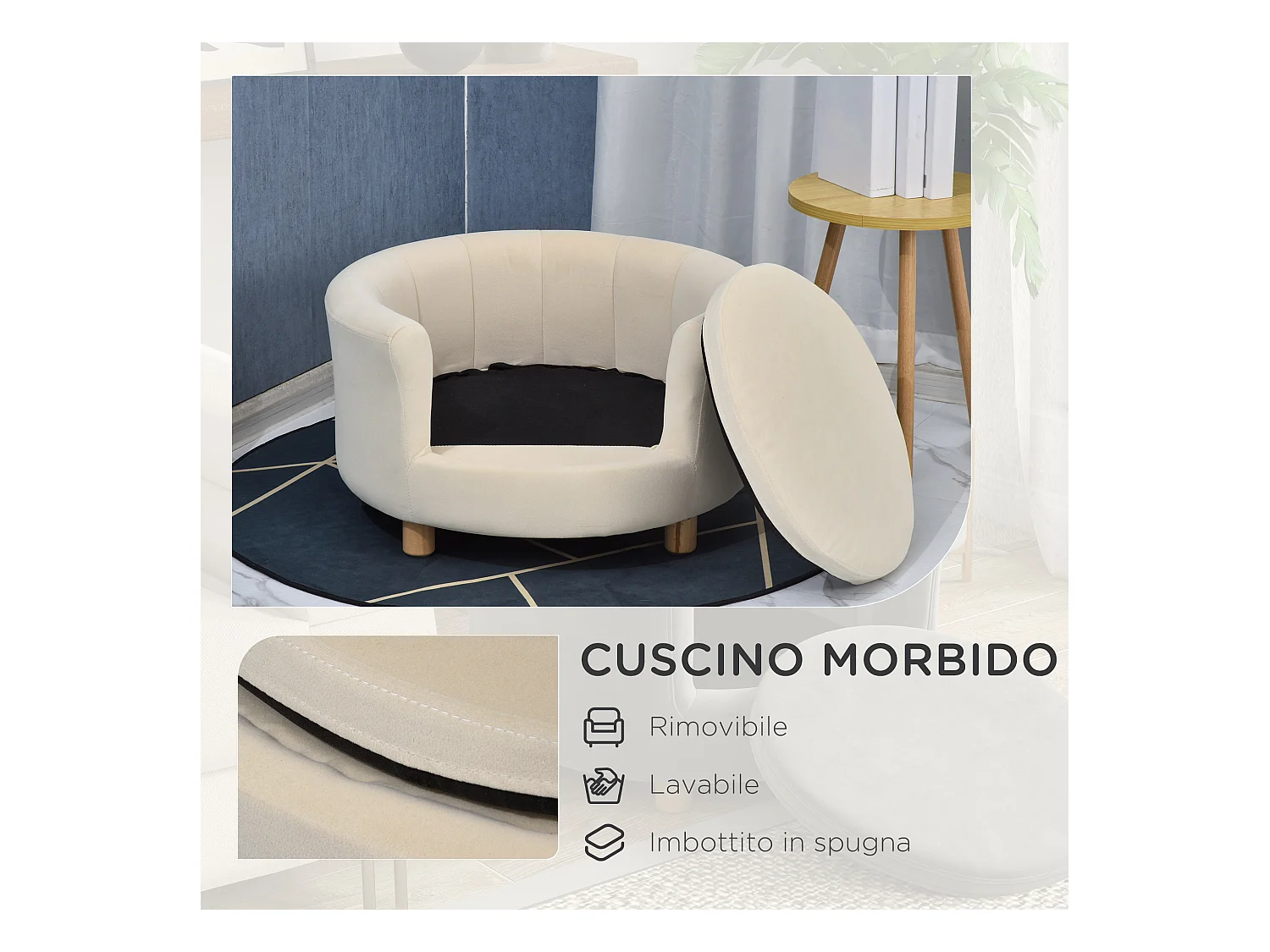 Divano per cani e gatti con schienale e cuscino rimovibile crema