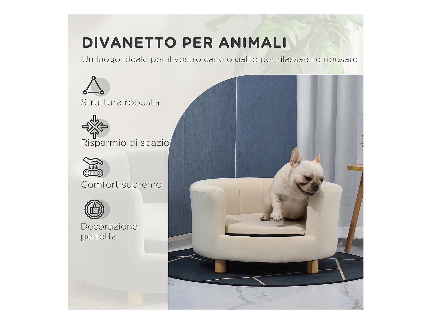 Divano per cani e gatti con schienale e cuscino rimovibile crema