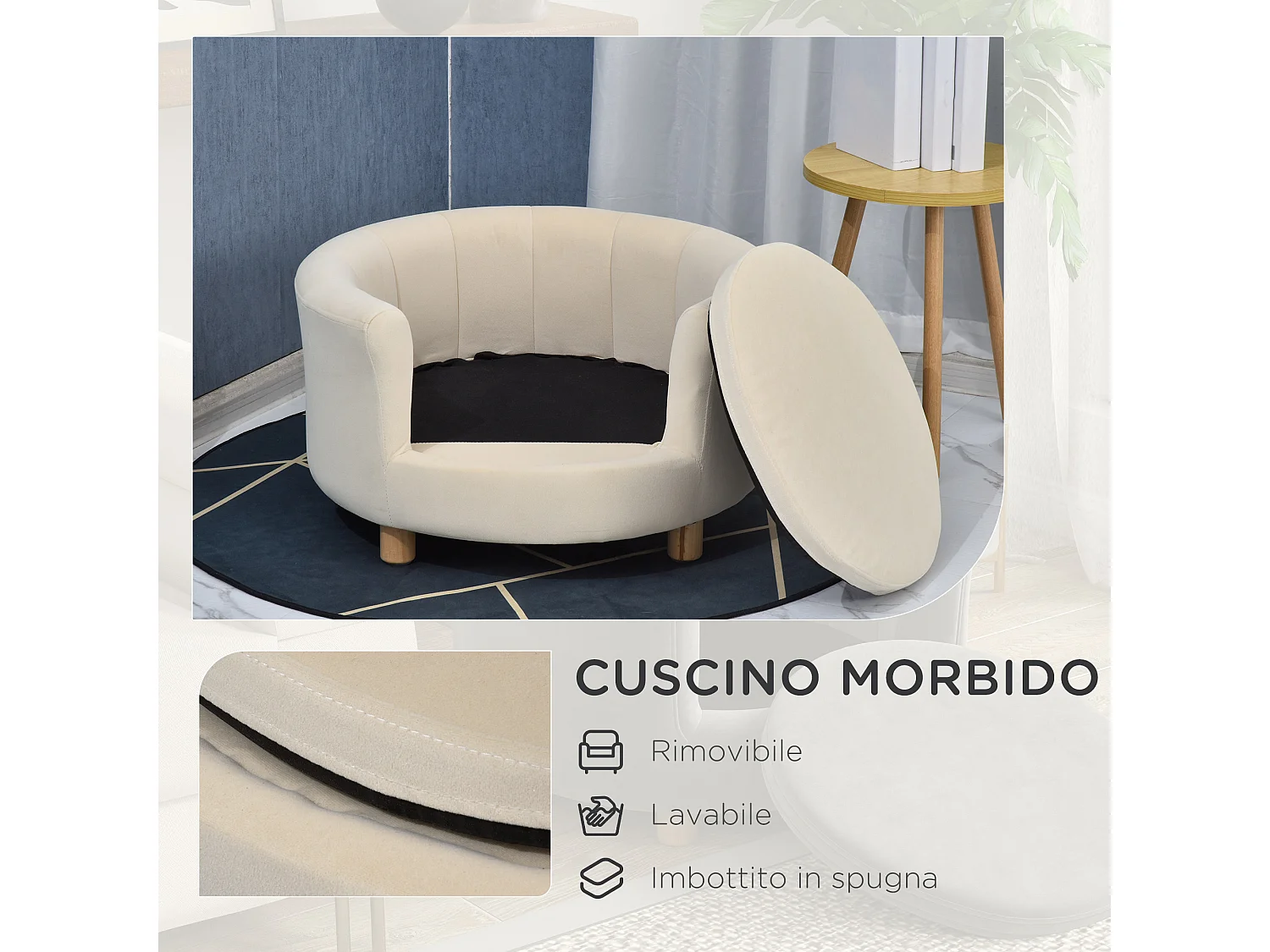 Divano per cani e gatti con schienale e cuscino rimovibile crema