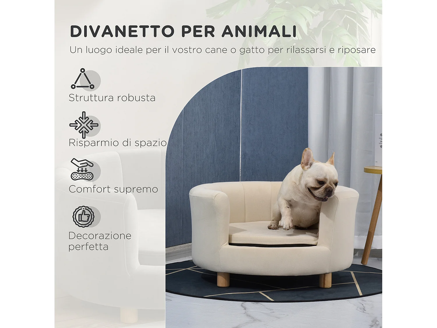 Divano per cani e gatti con schienale e cuscino rimovibile crema