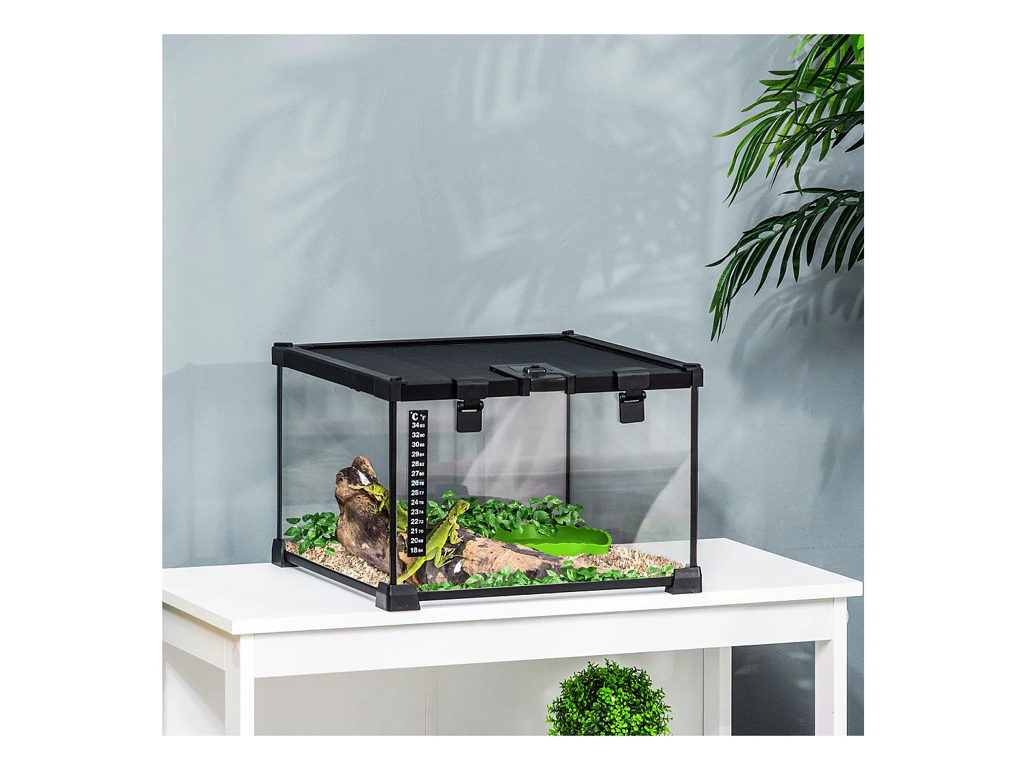 Terrario per rettili rialzato con serratura e termometro 30x30x20 cm nero