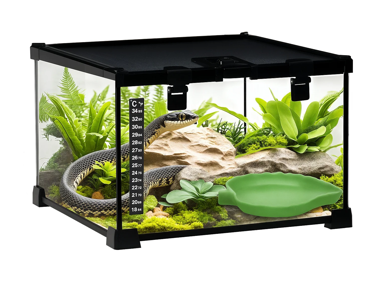 Terrario per rettili rialzato con serratura e termometro 30x30x20 cm nero